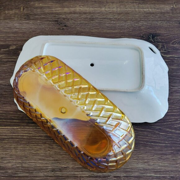 Unique Mismatched 2-Tiered Dessert Stand, Floral & Iridescent Orange Glass - Picture 7 of 16